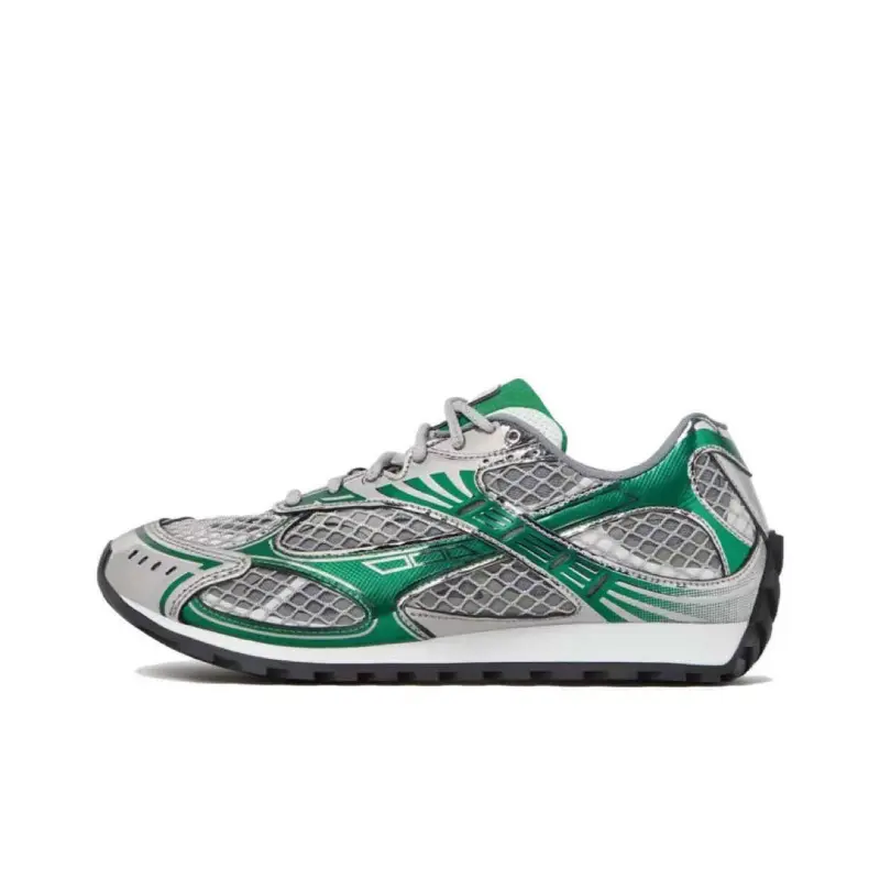 Green Silver Metallic Mesh Retro Lace Up Sneakers Unisex Black Serrated Sole Casual Running Trainers Keywords: lightweight treaded sole sneakers, breathable vintage athletic street shoes