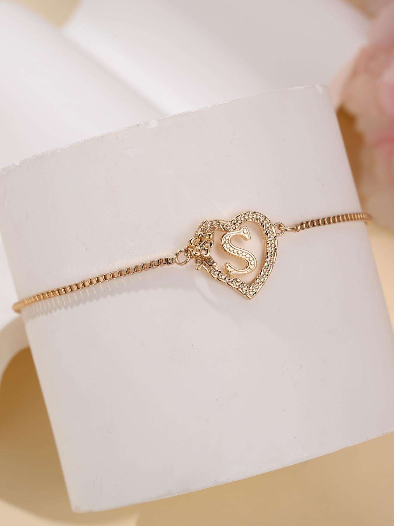 Women's Elegant Heart Design Initial Letter Charm Bracelet, Heart Shaped Bracelet, Exquisite Trendy Bracelet, Letter Link Bracelet for Women & Girls As Gift, Elegant Jewelry Bracelet