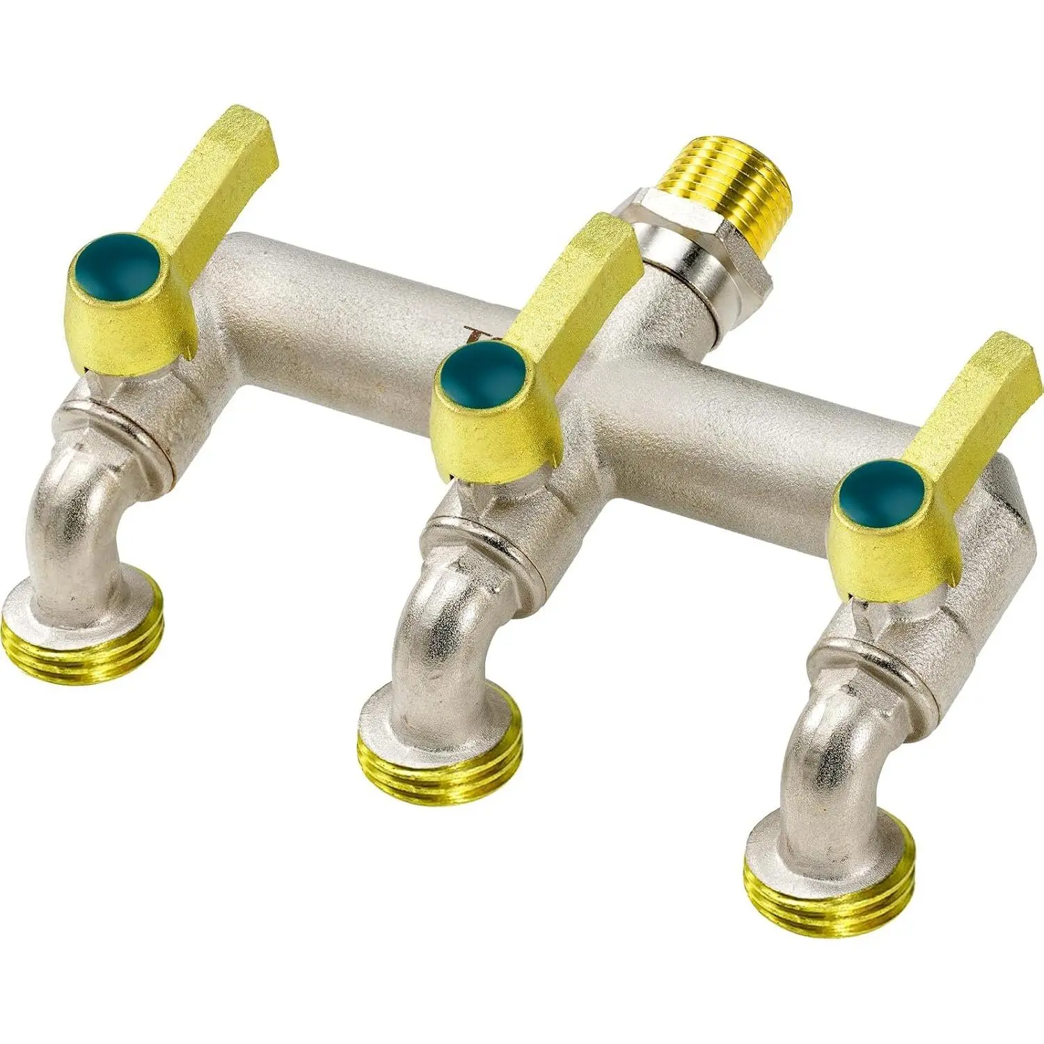 3-Way Heavy Duty Brass Outdoor Faucet, Frostproof Garden Faucet, NPT 1/2‘ Male Inlet and GHT 3/4’ Outlet, Nickel-Plated, Rustproof Horizontal Large Pitch Faucet