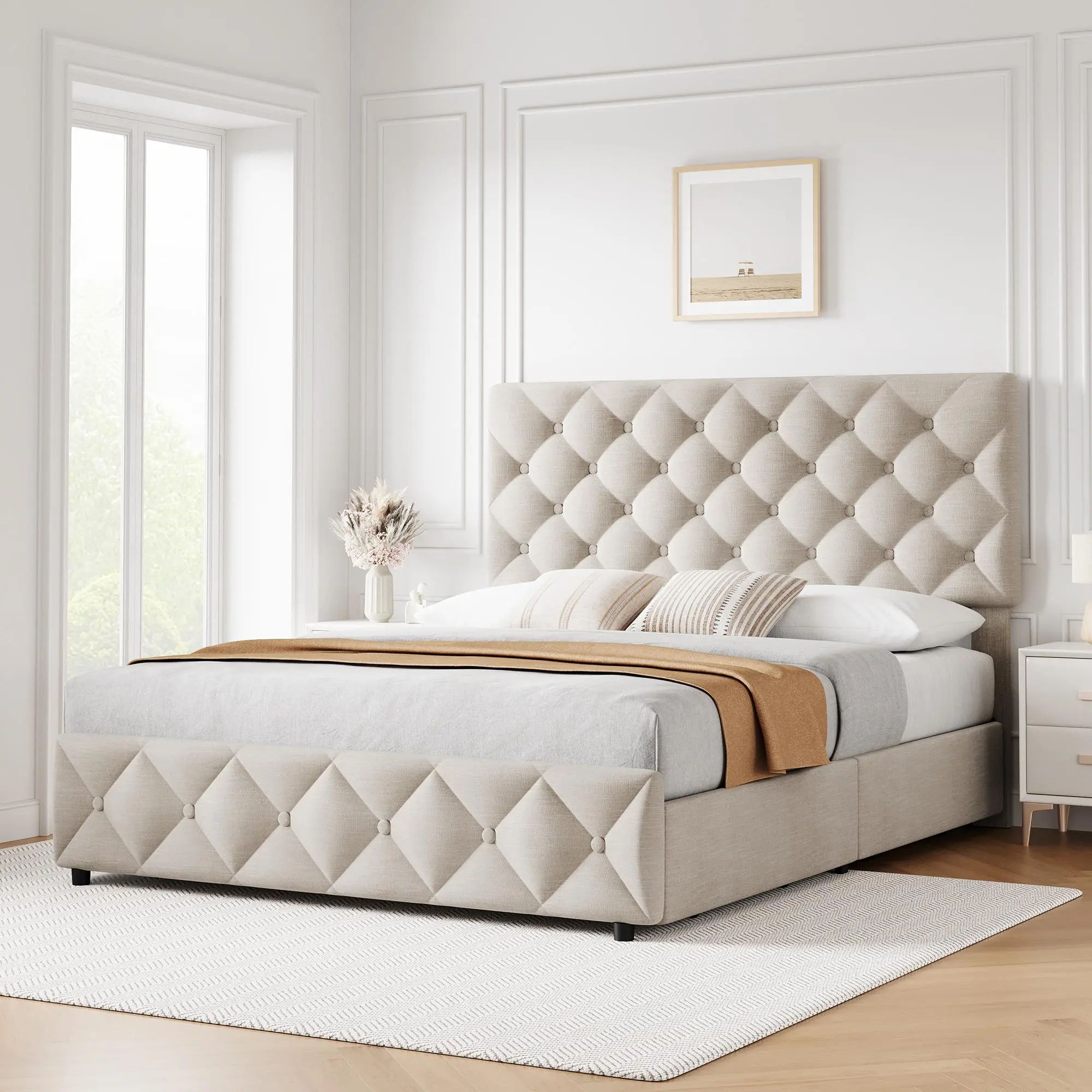 Modern Upholstered Queen Bed Frame with 4 Storage Drawers, Linen Fabric Platform Bed Frame with Adjustable Headboard, Heavy Duty Wood Slats Support No Box Spring Needed Noise Free Storage Bed Dark Grey