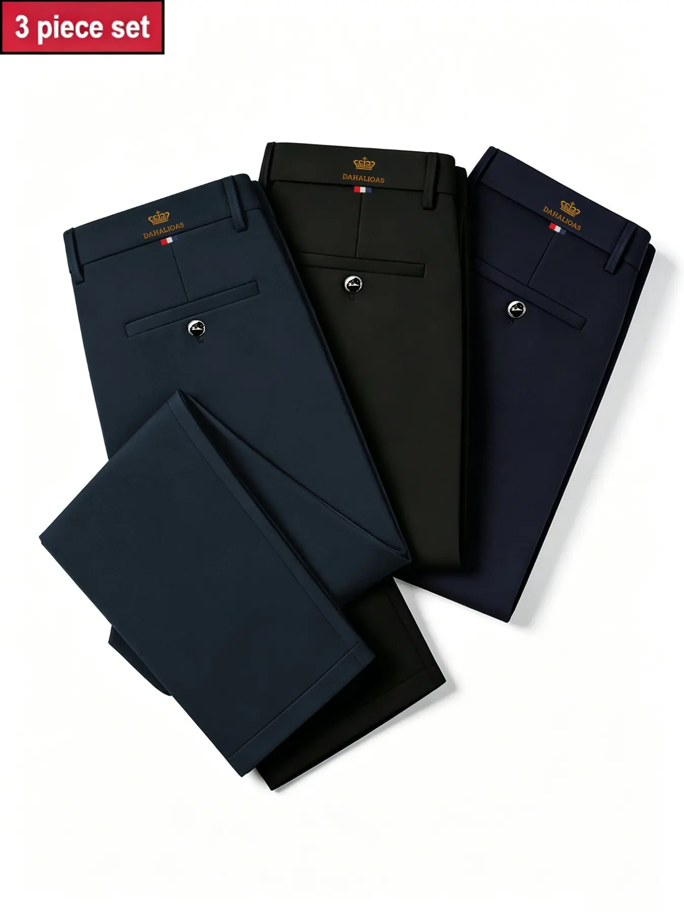 3-Pack Men's Loose Straight Leg Elastic Dress Pants, Business Casual, Long Pants, Wrinkle-Resistant, Comfortable, Fashionable, Versatile