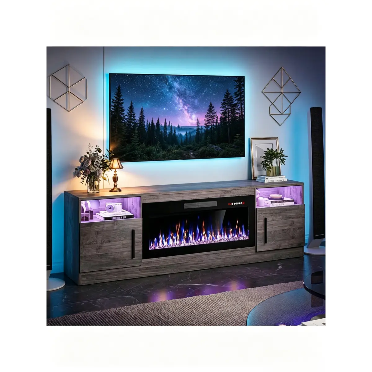 Sleek Modern Gloss Wood TV Stand with 36" Electric Fireplace, Custom RGB LED Storage Cabinet Lights, Hidden Storage Media Console, Ideal Living Room Focal Point for 80" Large Screen TVs