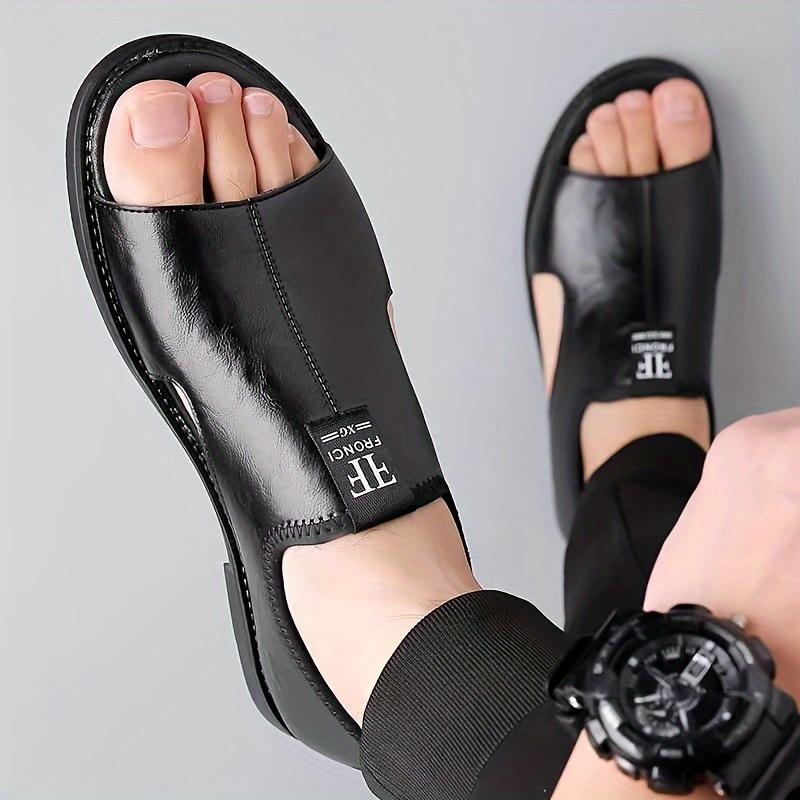 Men's Casual Slip-On Sandals - Black Open Toe Shoes with Rubber Sole, Comfortable for Spring/Summer Outdoor Wear, Strappy Sandals
