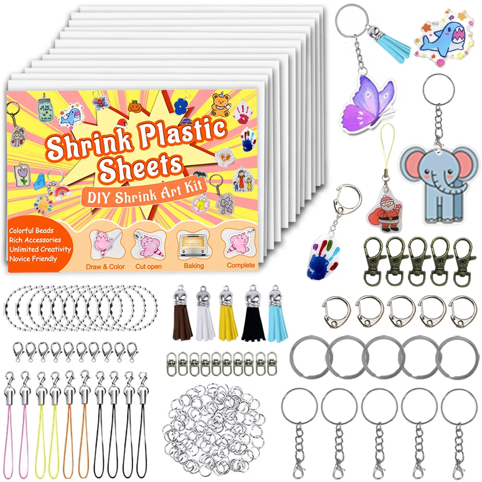 207PCS Shrinky Dink Keychain Kit includes 12 heat shrink plastic sheets and complete craft accessories. Ideal DIY craft set for kids, teens and adults to make handmade ornaments and keychains. Perfect gift for all holidays and back to school.