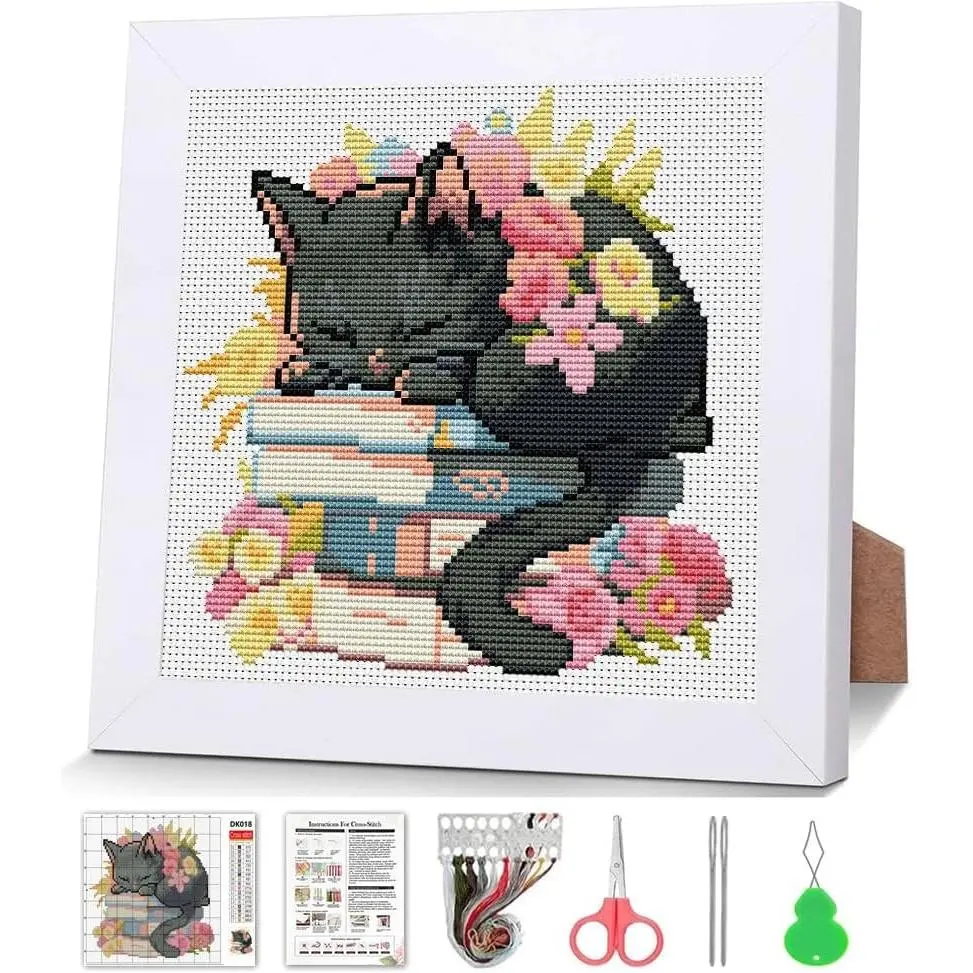 Black Cat Stamped Cross Stitch Kit for Beginners with Wooden Frame – Book Flowers Partial 11CT Embroidery Kit, DIY Arts and Crafts for Adults, 8x8 inchGift