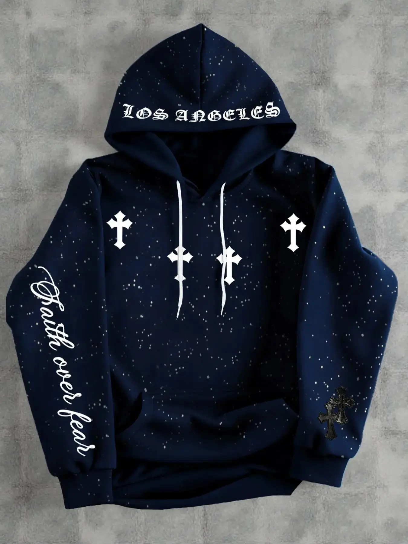 Men's Fall Winter Pullover Hoodie, Gothic Cross Design, Ditsy Floral Pattern, Loose Fit, Kangaroo Pocket, Casual Outdoor Wear