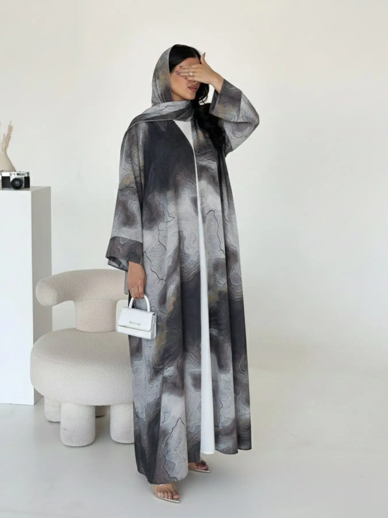 Two-Piece Set Hijab + Open Abaya, Dubai Islamic Muslim Moderate Print Cardigan Headscarf, Suitable for Women's Daily Wear