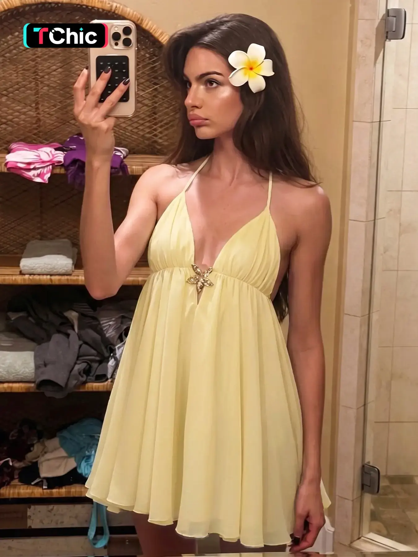 Women's Chiffon Ruched Deep V Neck Halter Slip Babydoll Dress, Sleeveless Backless Lace-up Solid Color A-line Short Dress, Backless Flowy Dress, Party Beach Vacation Y2K Summer