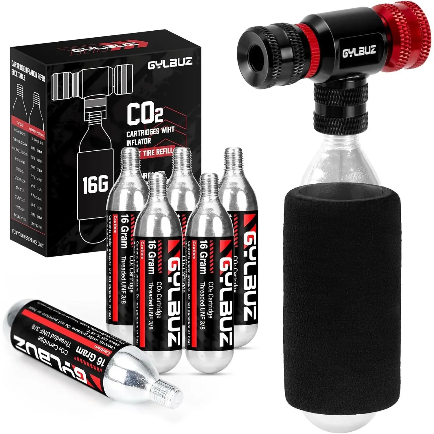 CO2 Inflator with 6x16g CO2 Cartridges - Presta and Schrader Valve Compatible Portable Bike Tire Pump with Insulated Sleeve for Road and Mountain Bicycle