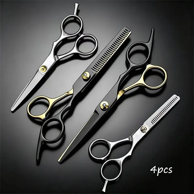 4pcs Haircut Scissors Set, Professional Barber Flat Blade, Toothed Clipper, Stainless Steel, Thinning Shears, Gold Silver Color