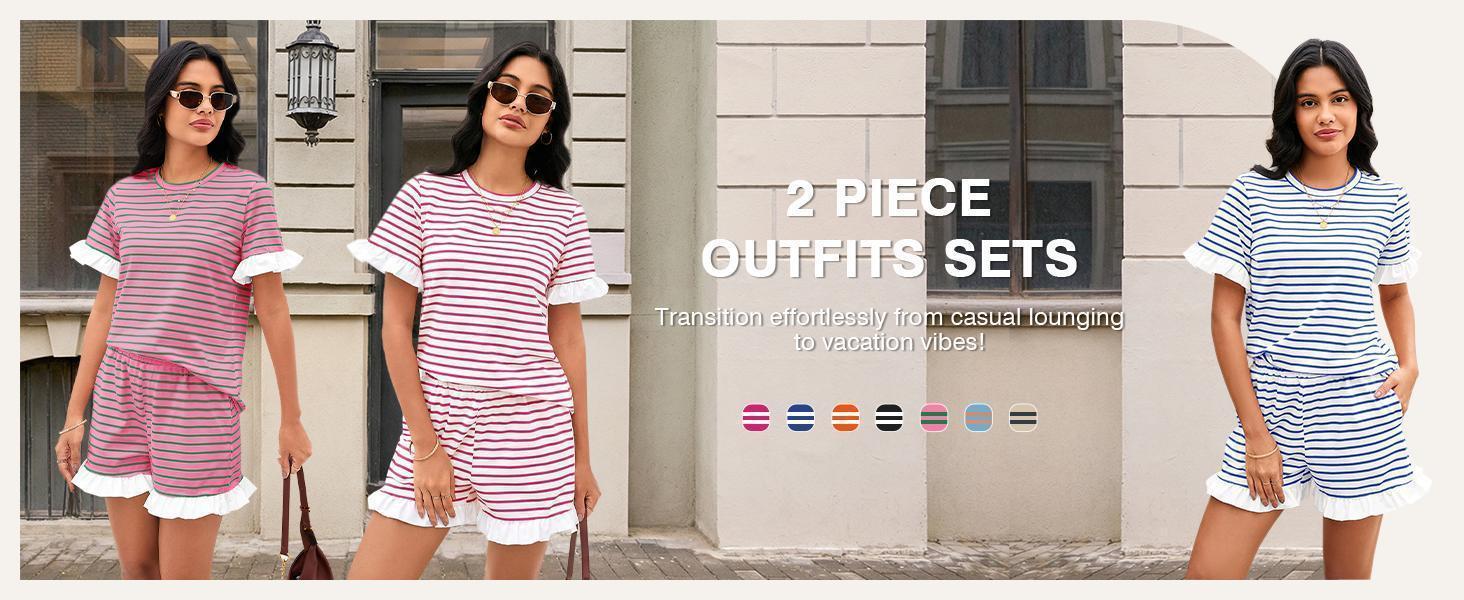 Womens 2 Piece Striped Shorts Set Ruffle Short Sleeve Tops Hight Waist Shorts Matching Sets Summer Vacation Outfits