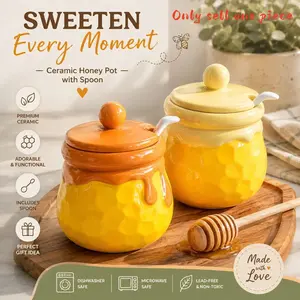 Aesthetic Ceramic Honey Jar with Lid and Spoon | Cute Honeycomb Dripping Sugar Pot & Seasoning Container, Perfect Kitchen Decor Gift