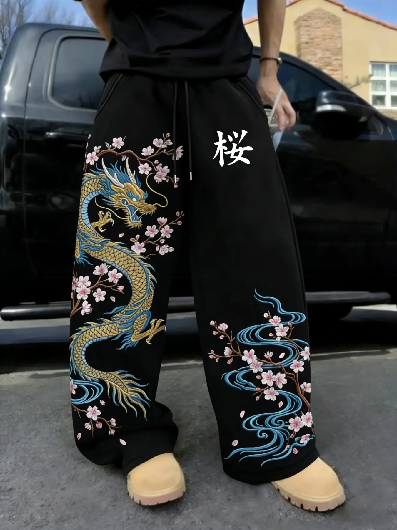 Men's American High Street Loose Wide Leg Pants, Dragon Print Drawstring Waist Casual Sportswear, All Season Fashion Long Trousers