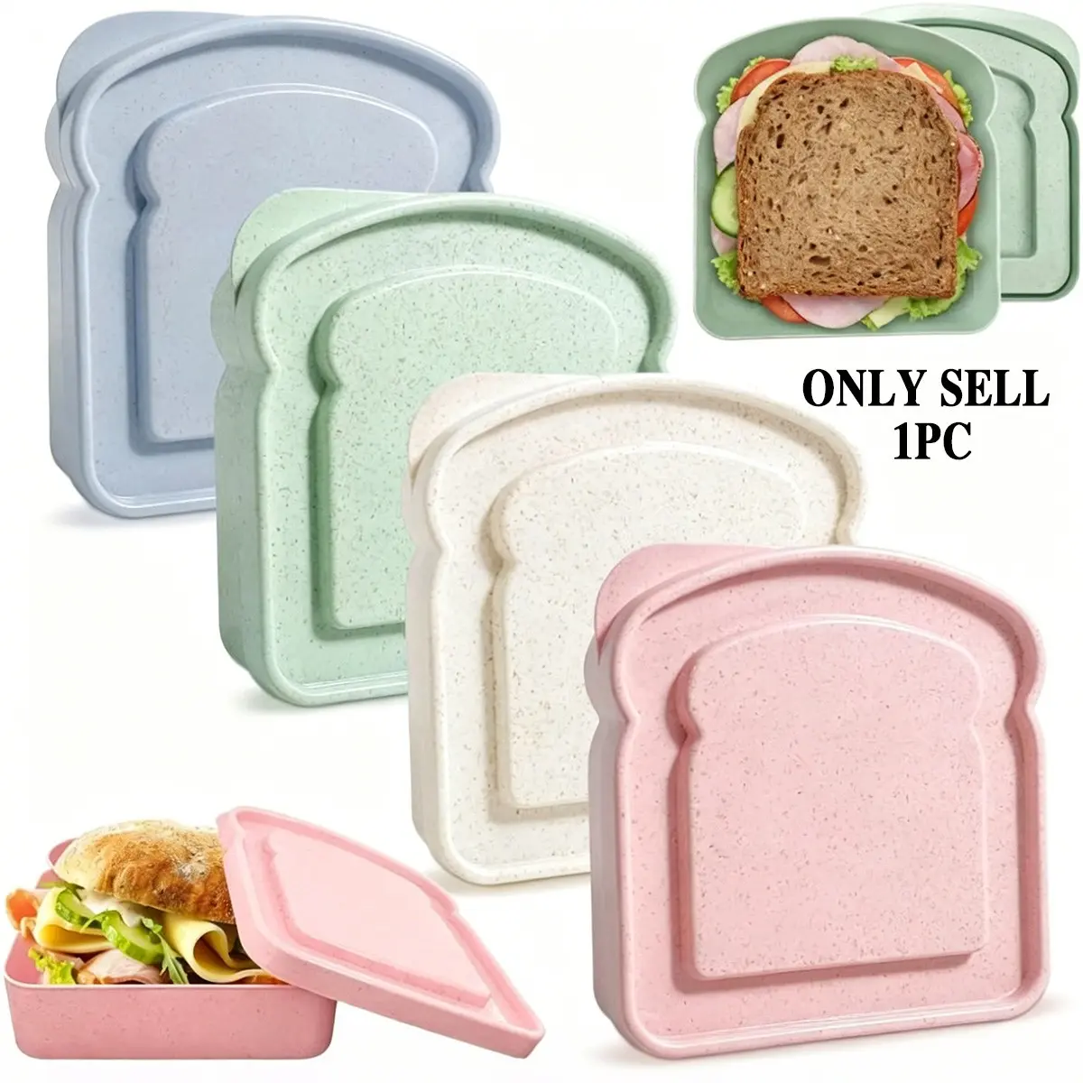 Toast-Shape Sandwich Lunch Box, Food-Grade Wheat Straw Material, Nordic Macaron Color, Microwave Safe, Leak-Proof, Portable, Party Use