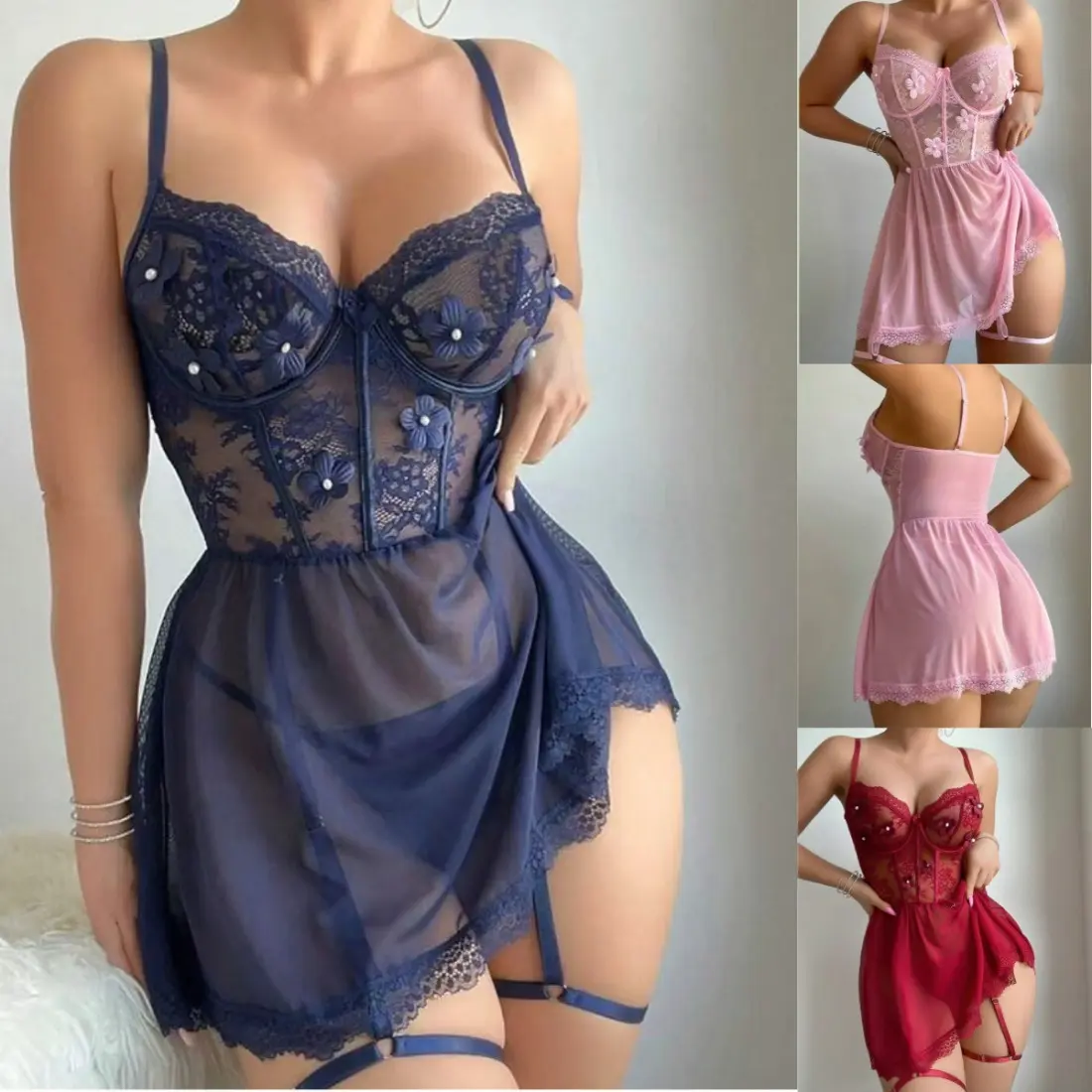 Women’s Lace Lingerie Set 3 Piece Sheer Mesh Babydoll Pajama Set – Sexy Wireless Suspender Nightdress, Hollow Lace Sleepwear for Women, Romantic Intimates, Date Night, Valentine’s & Anniversary Gift