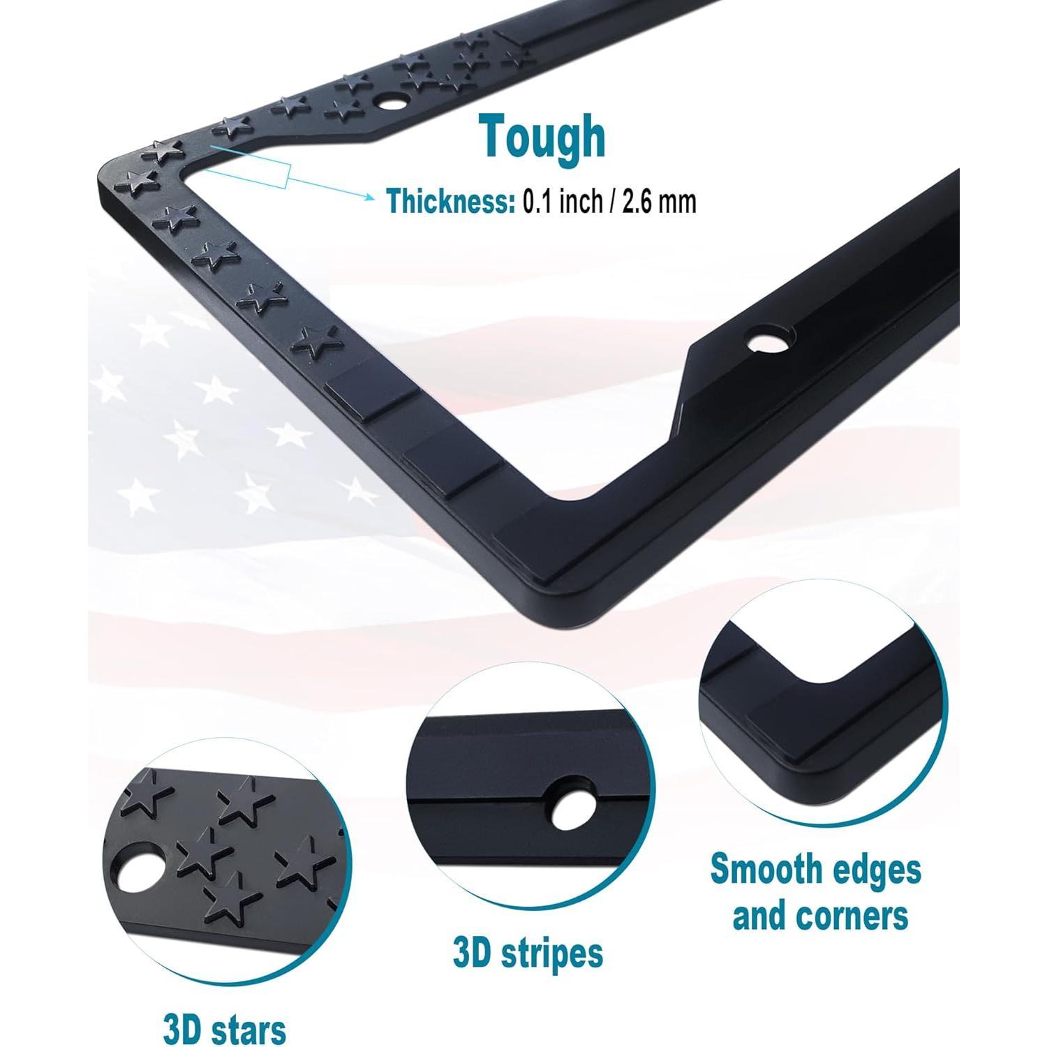 Flag License Plate Frames- Black Plastic Patriotic Tag Holder with Mounting Hardware & Screws Caps,2 Pack 4 Holes for Front Rear Flag License Plate Frames- Black Plastic Patriotic Tag Holder with Mounting Hardware & Screws Caps,2 Pack 4 Holes for Front Rear