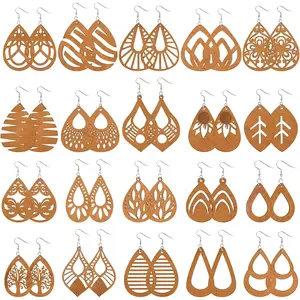 MTLEE 20 Pairs African Wooden Dangle Earrings Lightweight Ethnic Style Drop Earrings Geometric Wooden Earrings for Women
