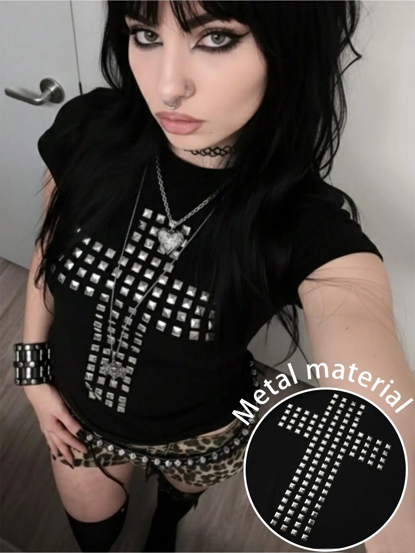 Women's Short Sleeve Cross Metal Geometric Design Gothic Punk Rock Hip Hop Vibe T-Shirt, Sexy Fashion Casual Basic Top, Y2K Emo Girl Clothing Fit