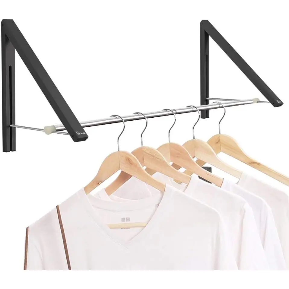 Retractable Clothes Rack - Wall Mounted Folding Clothes Hanger Drying Rack for Laundry Room Closet Storage Organization, , 2 Racks with Rod (Black)