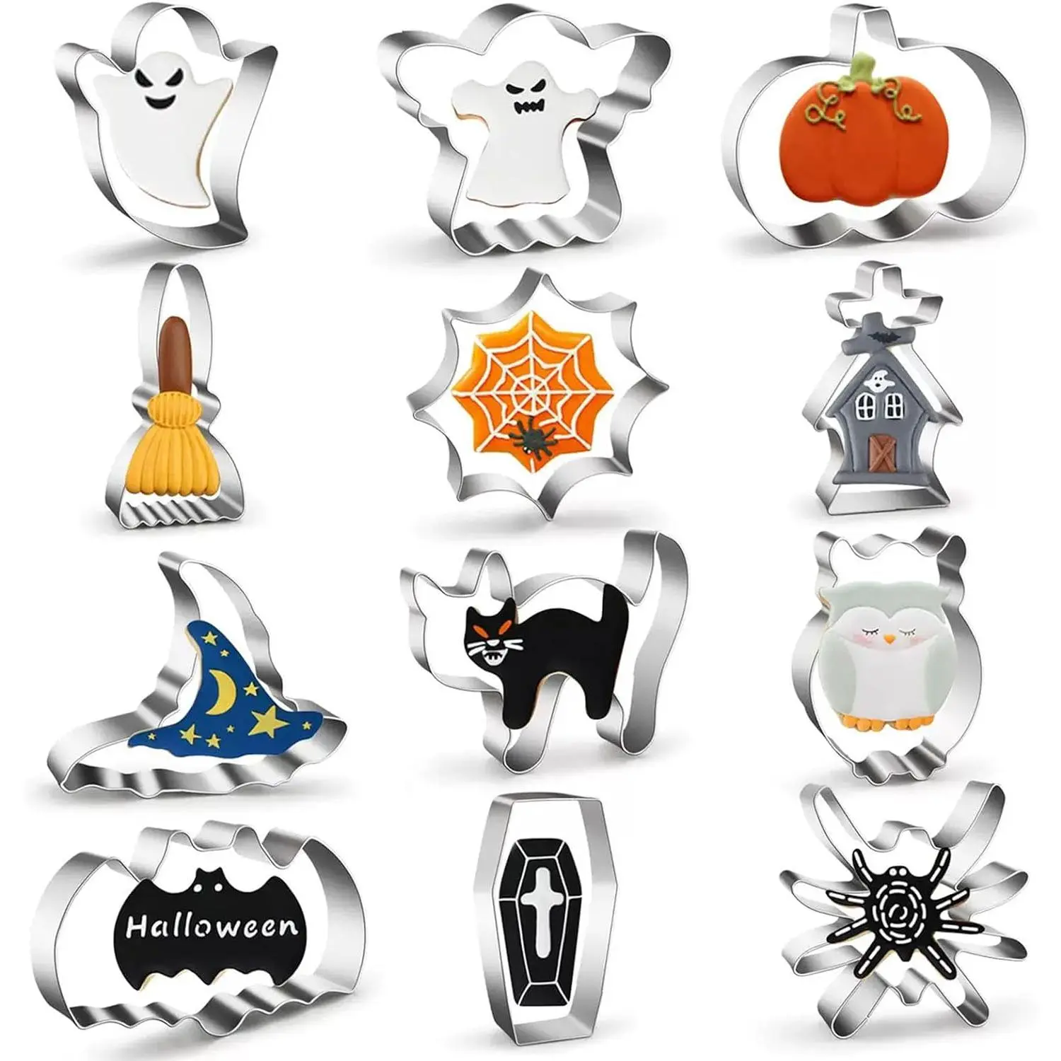 12-Count Stainless Steel Halloween Cookie Cutters Set - Bakeware Utensils with Spooky Holiday Motifs (Bat, Owl, Pumpkin, Hat, Broom, Spider, Spider Web, Coffin, Tombstone) for Baking, Party Decorations