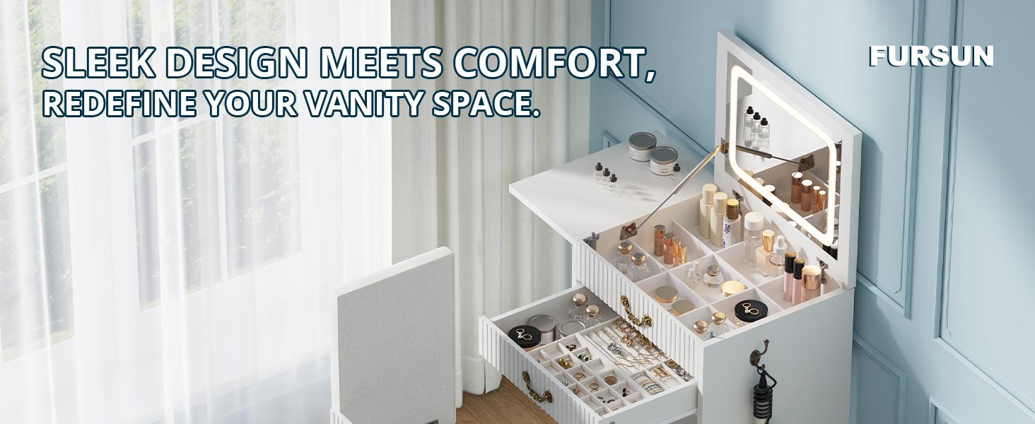 FURSUN 3-in-1 Vanity with Flip Mirror & Lights, Fluted Compact Vanity Table with 3 Drawers, Storage Compartment and Rolling Stool, Modern Small Makeup Vanity for Bedroom, Powder Room, Solid White
