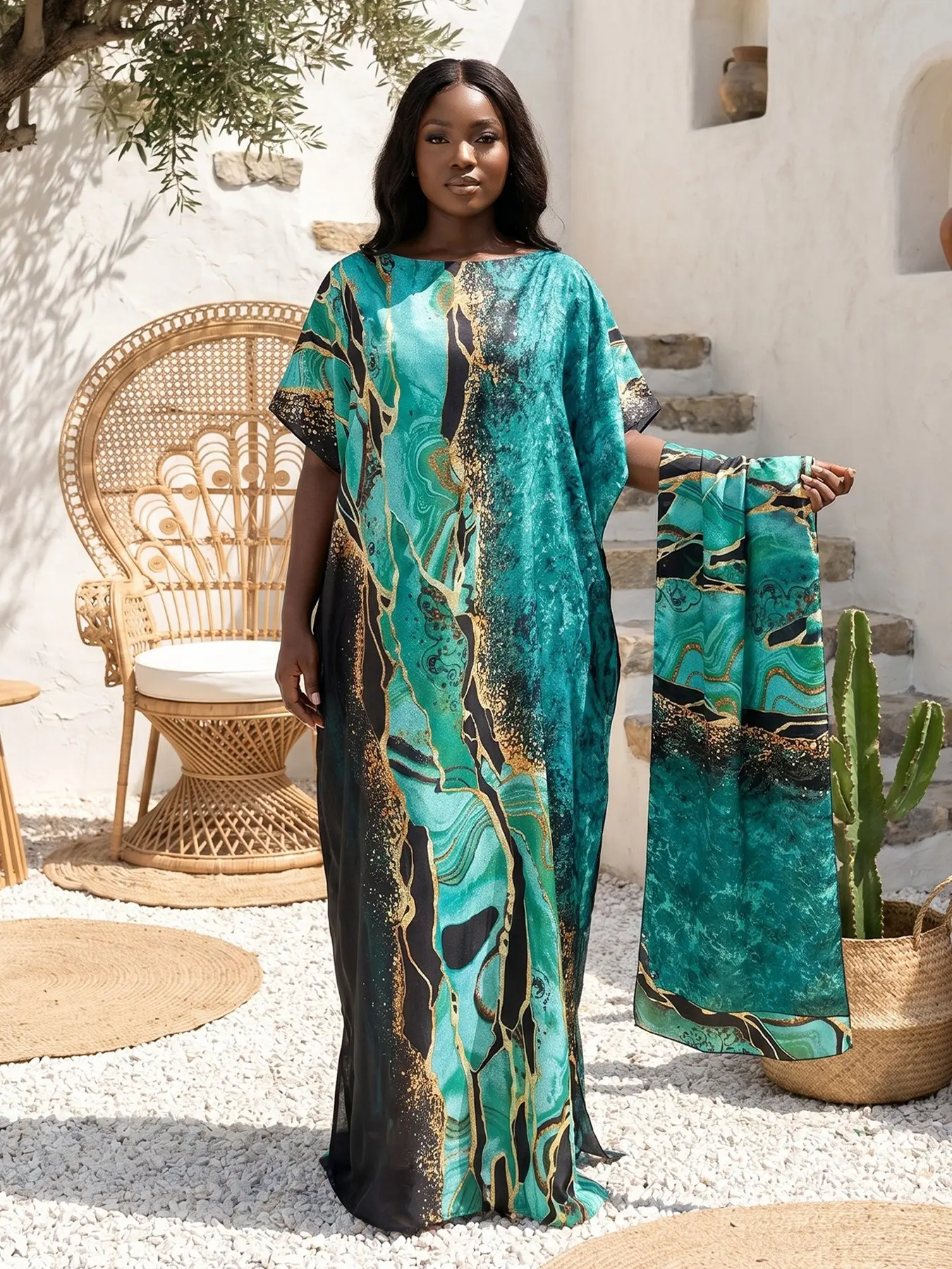 2-Piece Emerald Green Gold Marble Silky Caftan Dress Set with Scarf, Women's Abstract Print Maxi Dress, Loose Fit Plus Size Resort Wear