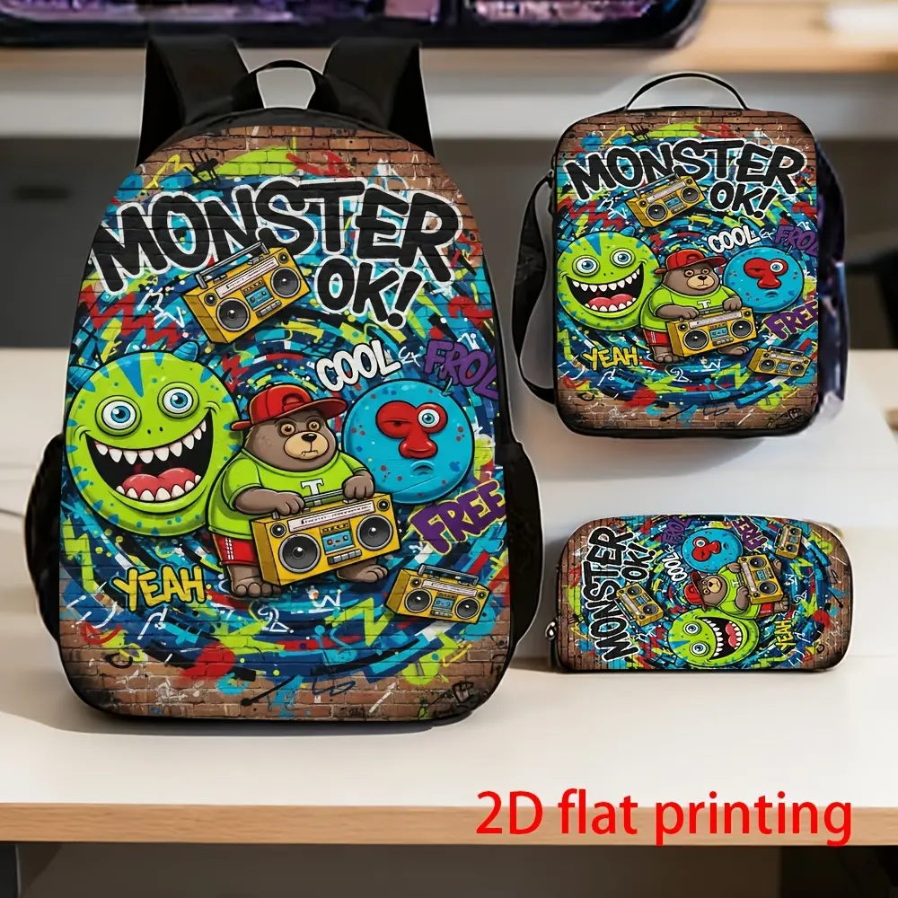 Durable Water Resistant 3-Piece Backpack Set for Kids, Lightweight School Bag with Lunch Box, Brick Wall Monster Bear Boombox Street Graffiti Cartoon Print, Includes Large Rucksack, Thermal Lunch Tote & Stationery Pouch