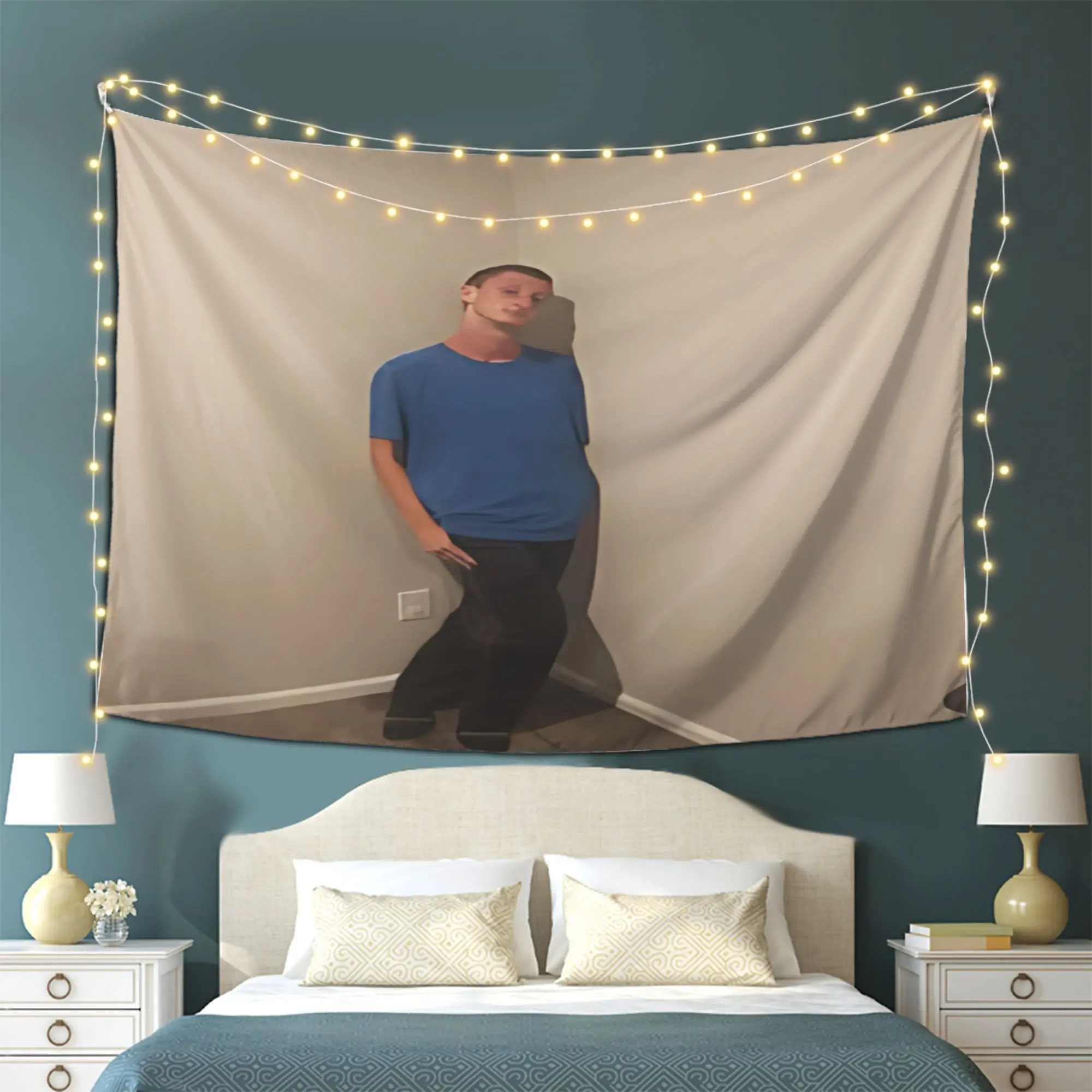 Daniel Larson'S Minimalist Portrait Tapestry - a Large Horizontal Wall Decoration in Soft Pastel Shades (Beige, White, Blue, Black) - Made of Polyester Fabric, Suitable for Bedrooms, Living Rooms, Offices