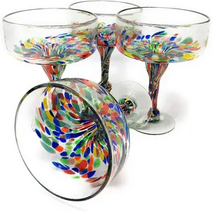 Mexican Hand Blown Glass Set of 4 Hand Blown Margarita Glasses Confetti (16 oz)