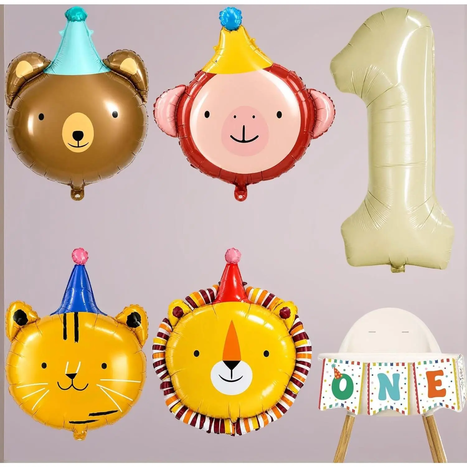 1st Birthday Foil Balloon Kit for Boys & Girls - 6 Pcs (Lion, Bear, Monkey, Cat Foil Balloons) + 1 High Chair Banner (DIY Party Decor for Toys & Hobbies)