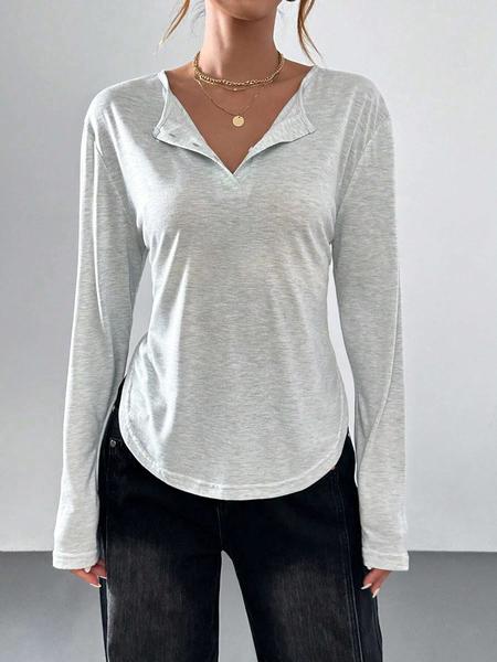 Women's Long Sleeve Button Neckline T-Shirt, Casual Ladies Top for Daily Wear, Comfortable and Stylish Women's Clothing