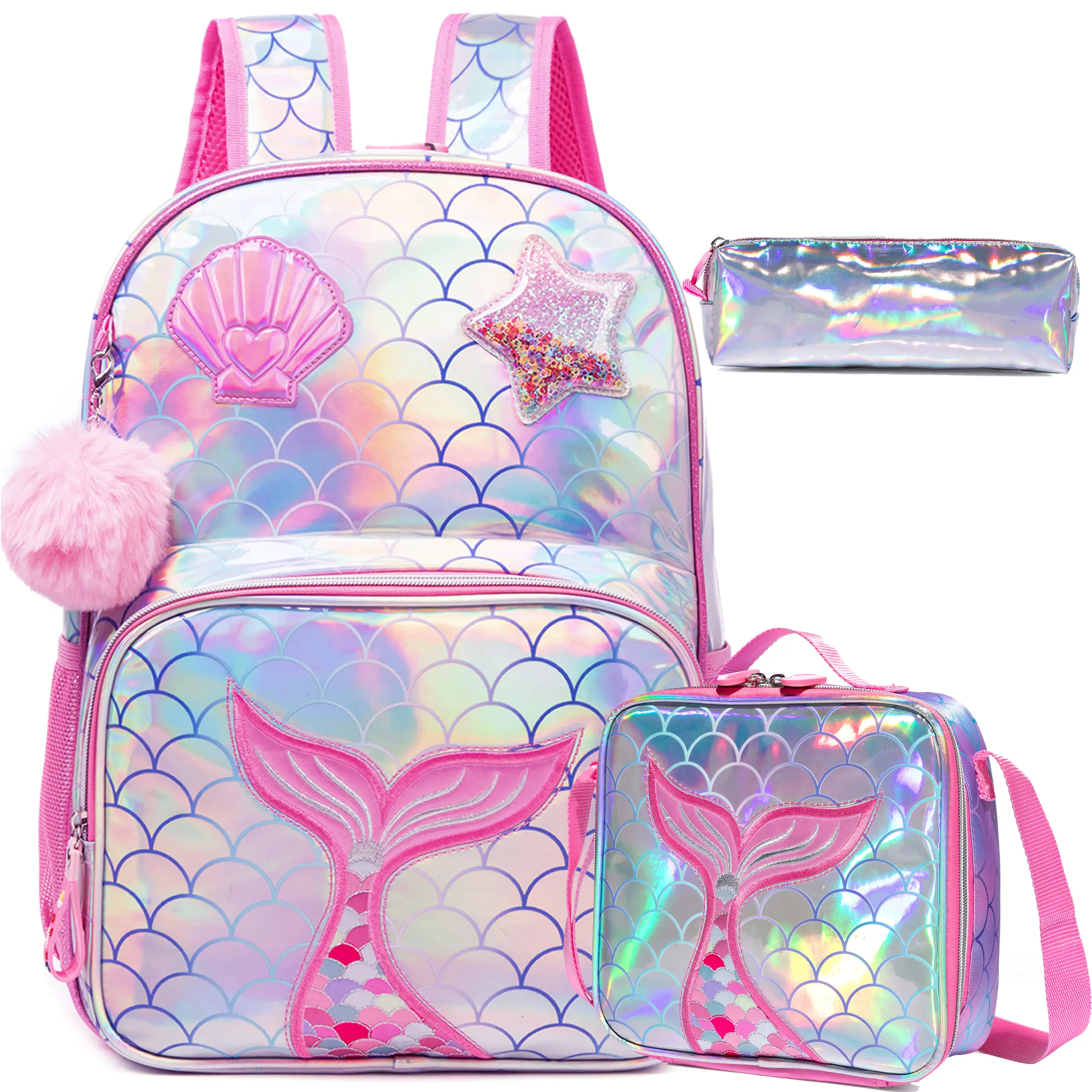 3-Piece Girls Mermaid School Backpack Set | Shiny Holographic Scale Iridescent Bookbag with Shaker Star & Shell Patch | Cute Pastel Pink Lunch Box & Pencil Case for Kids