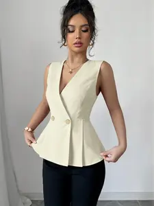Women's Fashion High-End Simple Waist-Cinch V Neck Solid Color Summer Top, Stylish and Comfortable, Perfect for Daily Wear