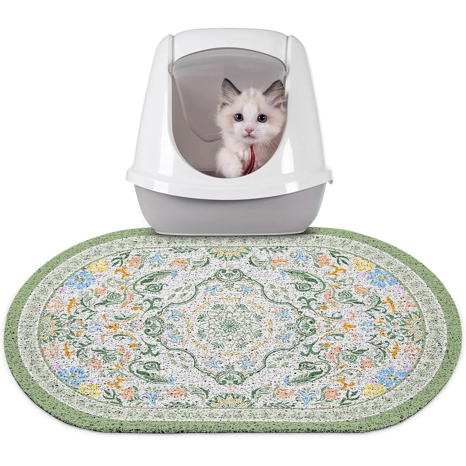 Litter Mat, 24" x 15" Litter Box Mat Rug with Non-Slip Bottom, and Water Proof, Easy to Clean  Supplies Essentials for Indoor Kitty Kitten Floor, Bean-Green M