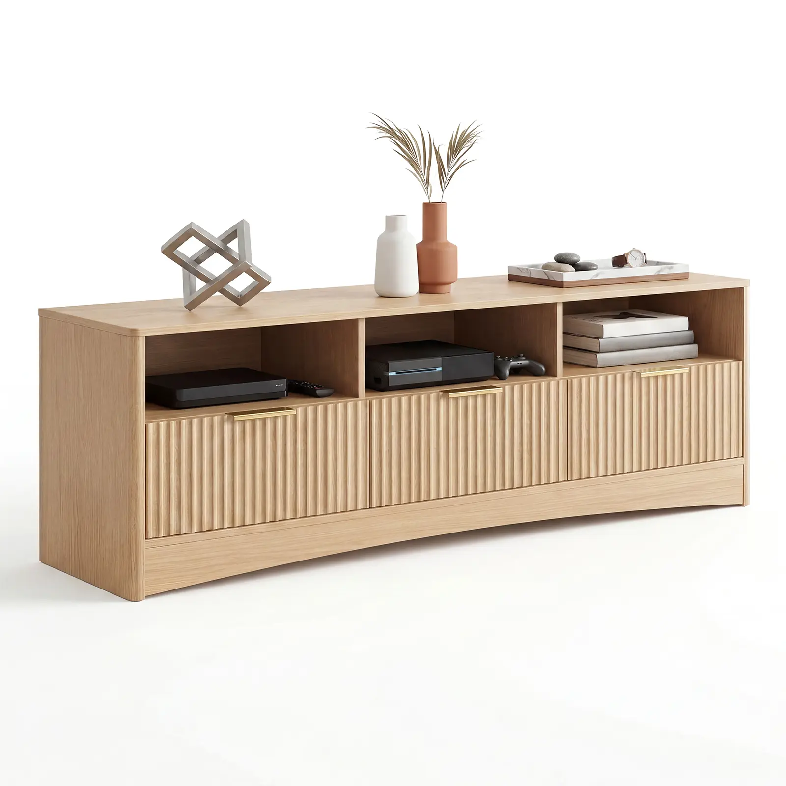 Modern Fluted Panel TV Stand for 65" TVs – 59" Wide Media Console – 3 Storage Drawers & Open Shelves – Entertainment Center for Living Room or Bedroom – Natural Oak Finish