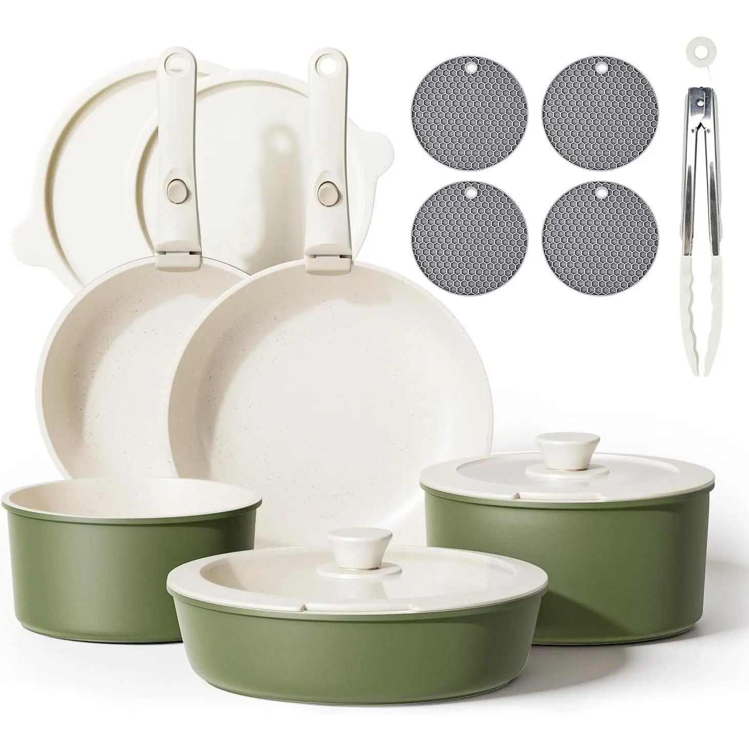 Detachable Nonstick Cookware Set - Stackable Induction Pots and Pans With Removable Handles, Dishwasher Safe - For RV Camping, Oven and Stovetop Use, 5 count (Green)