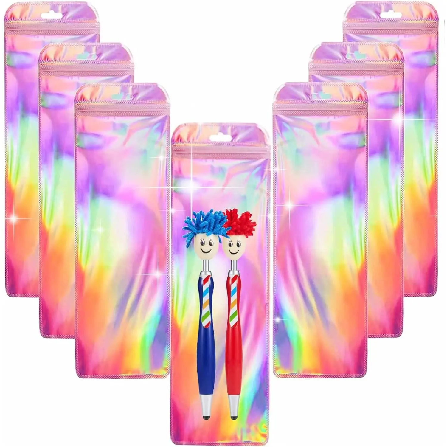 100 Pack Holographic Plastic Bags Resealable Pen Packaging Bags Beadable Pens Small Business Sample Pouch Clear Beads Bags Lip Gloss,, 2.75x8.6"