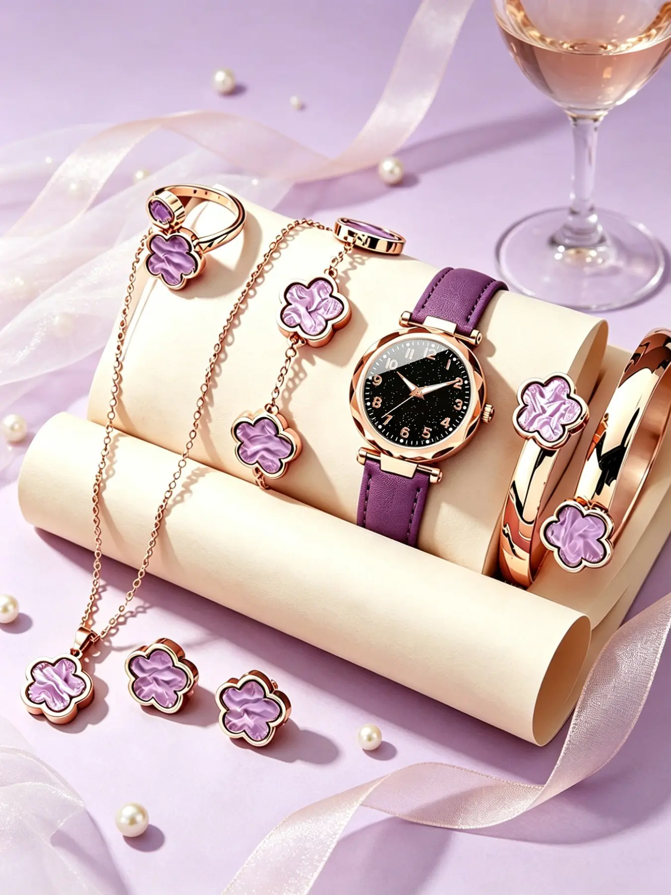 Women's Casual Quartz Watch Set, 7-Piece Gift Including Bracelet, Necklace, Ring, Earrings, Perfect Present for Her
