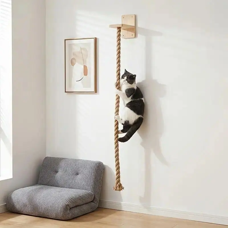 2026 New Model Wall‑Mounted Cat Scratching Rope, Solid Wood Bracket With Natural Sisal Hemp Rope, Space‑Saving Vertical Cat Climbing Toy, Durable Indoor Pet Accessory For Kitten Exercise In Living Room, Bedroom And Corridor