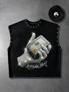 Unisex loose-fit, cropped, round-neck casual top featuring an all-over rhinestone-embellished "Money Cash" script print (dollar bill motif) and studded trim along the neckline and armholes—a trendy Y2K-style piece for everyday wear.
