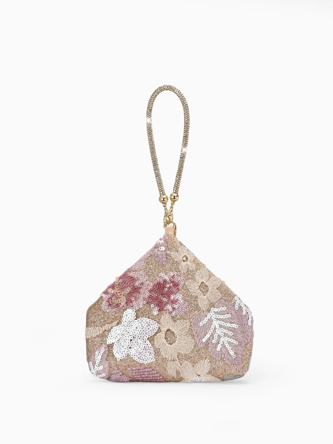 Sequin Flower Embroidered Mini Wristlet Bag, Adjustable Rhinestone Handle Soft Dinner Handbag for Formal Occasion, Purse for Women, Beaded Embroidery Triangle Bridal Clutch Bag, Evening Clutch Purse