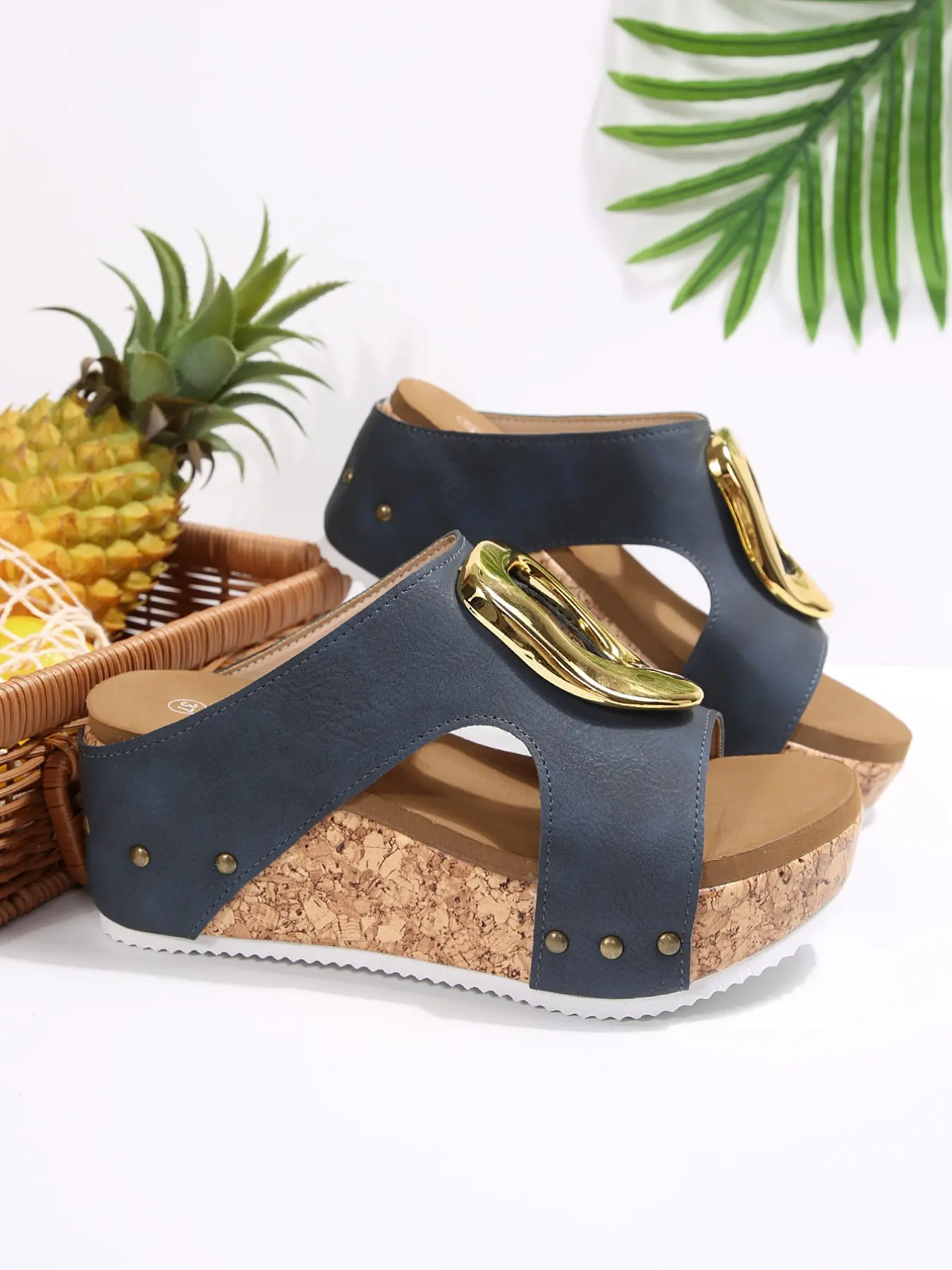Women's Summer Fashion Metal Buckle Brooklyn Cork Wedge Sandals, Waterproof Anti-Slip Thick Cork Sole, Comfortable Lightweight Heeled Shoes, Casual Daily Wear