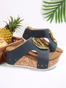 Women's Summer Fashion Metal Buckle Wedge Sandals, Waterproof Anti-Slip Thick Cork Sole, Comfortable Lightweight Heeled Shoes, Casual Daily Wear