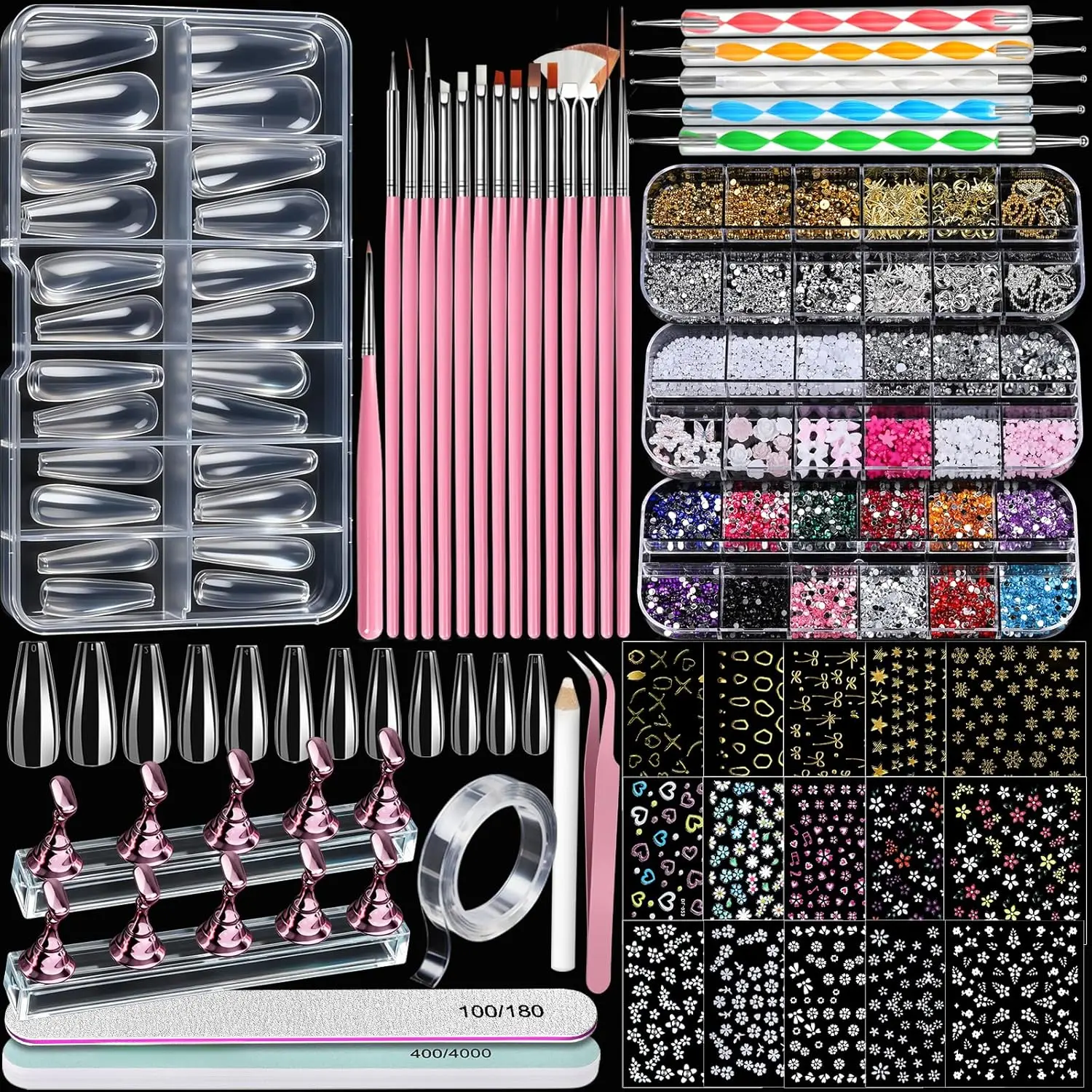 Acrylic Nail Kit with Clear Coffin Nail Tips, Nail Charms and Gems, Nail Stickers, Nail Art Brushes, Nail Dotting Tools, Nail Stand, Press On Nails Kit for DIY Nail Art