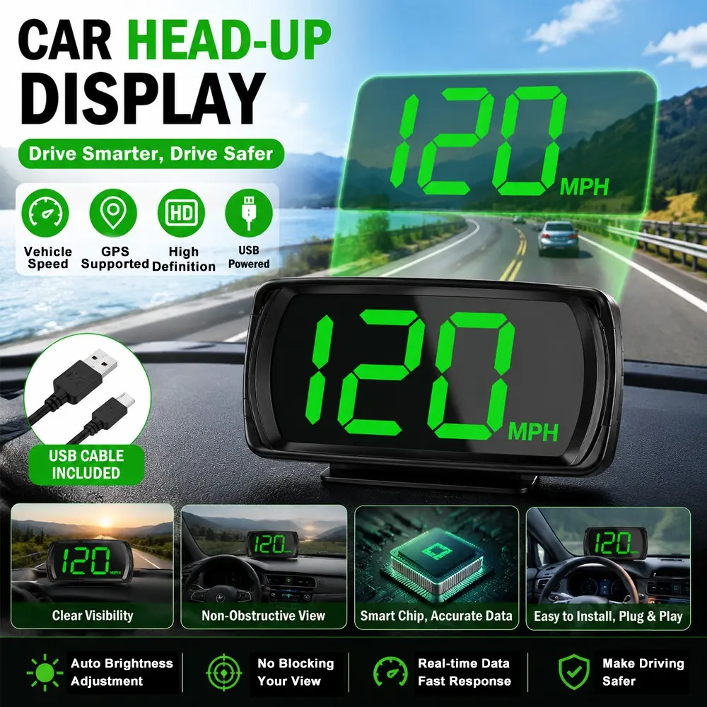 GPS Car HUD Head Up Display Digital Speedometer Universal USB Plug & Play Real-Time Speed Display Auto Brightness HD Speed Meter for All Vehicles