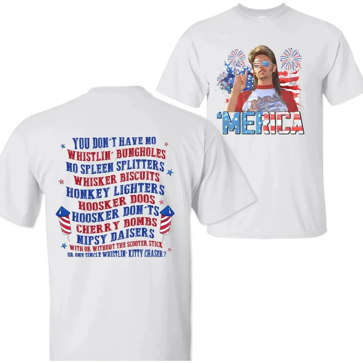 Joe Dirt Merica Fireworks Shirt, Party InThe USA 4th Of July Shirt, IndependenceDay Tee, 2 Sided Graphic Printed UnisexClassic Cotton T-shirts Womenswear Top,Menswear Top in all Sizes,Muppet,teck