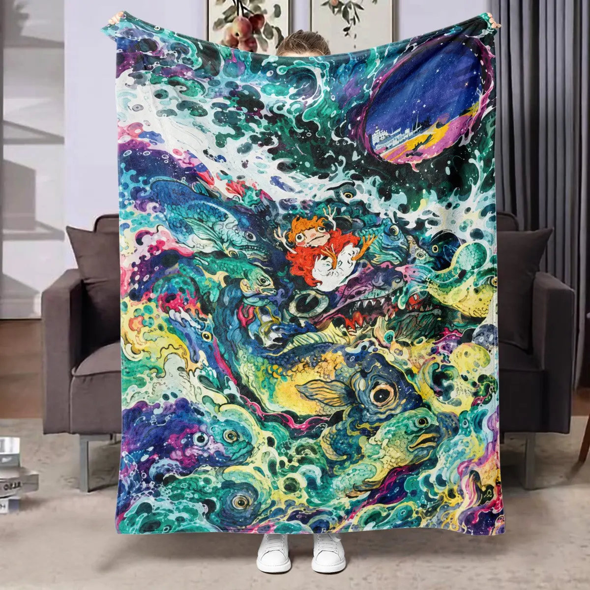 1pc Colorful Wave Ponyo Fairy Tale Fleece Blanket, Full Print Red-Haired Ponyo, Multicolored Deep Sea Fish Schools, Flowing Surf Foam, Starry Sky Circular Window, Seaside Castle, Variegated Sea Texture, Cute Cartoon Style. Soft Warm Cozy Nap Blanket, Suit