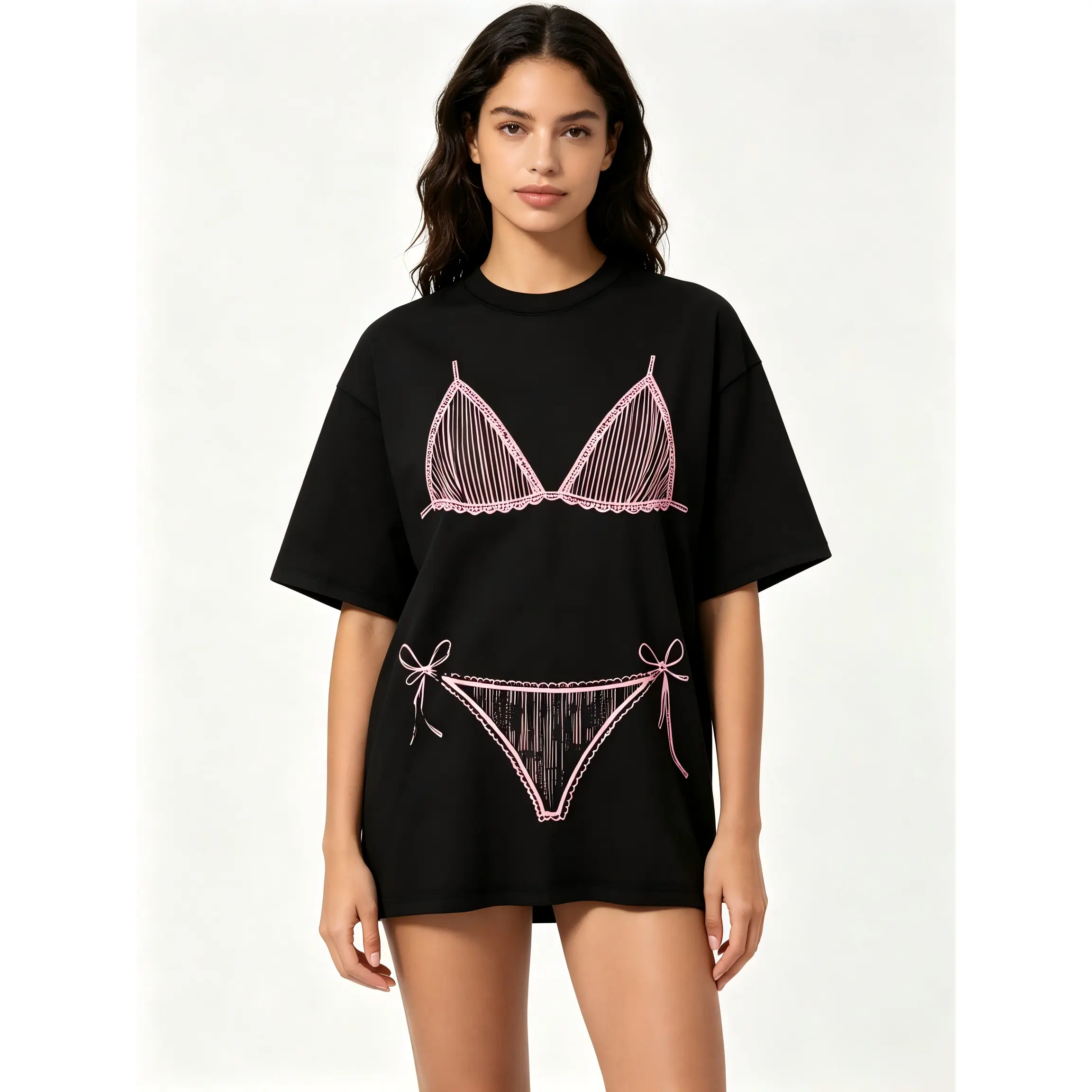 Women's Short Sleeve Crew Neck Pink Lace Bikini Graphic T-Shirt - Black, Hand-Drawn Lingerie Sketch, Bow Detail, Y2K Playful Summer Casual Tee (Womenswear)