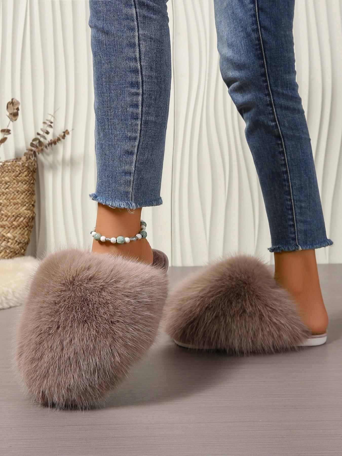 Women's Solid Color Fluffy Plush Slippers, Casual Soft Comfortable Home Slippers, Warm Slippers for Indoor & Outdoor Use for Fall & Winter