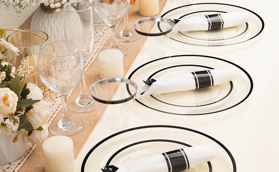 350PCS Clear & Black Disposable Plates Set – 100 Plates, 50 Cups, 50 Pre-Rolled Napkins & Cutlery for 50 Guests with Fashion Design 350PCS Clear & Black Disposable Plates Set – 100 Plates, 50 Cups, 50 Pre-Rolled Napkins & Cutlery for 50 Guests with Fashion Design